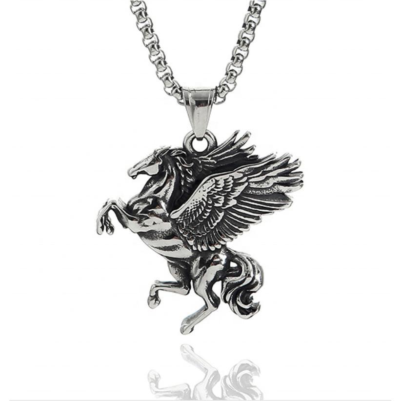 Retro Style Greek Titanium Steel Flying Horse Unicorn Necklace for Men and Women Pendant Necklace
