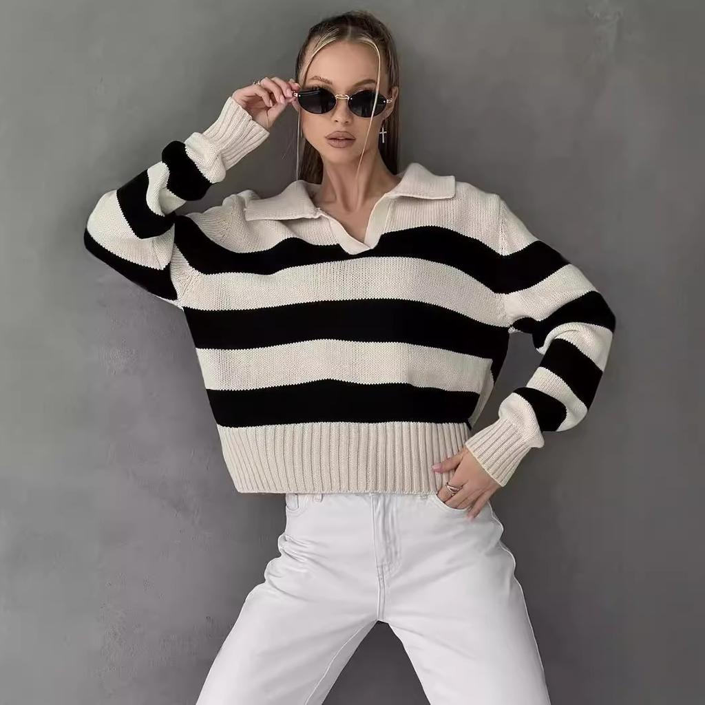 Women's Knitwear Autumn and Winter Striped Color Collision Loose Knitted Sweater Elegant Woman Comfortable and Versatile