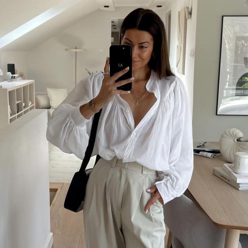 Womens Casual Fashion White Shirt Stand Collar Long Sleeve Versatile Button Up Blouse