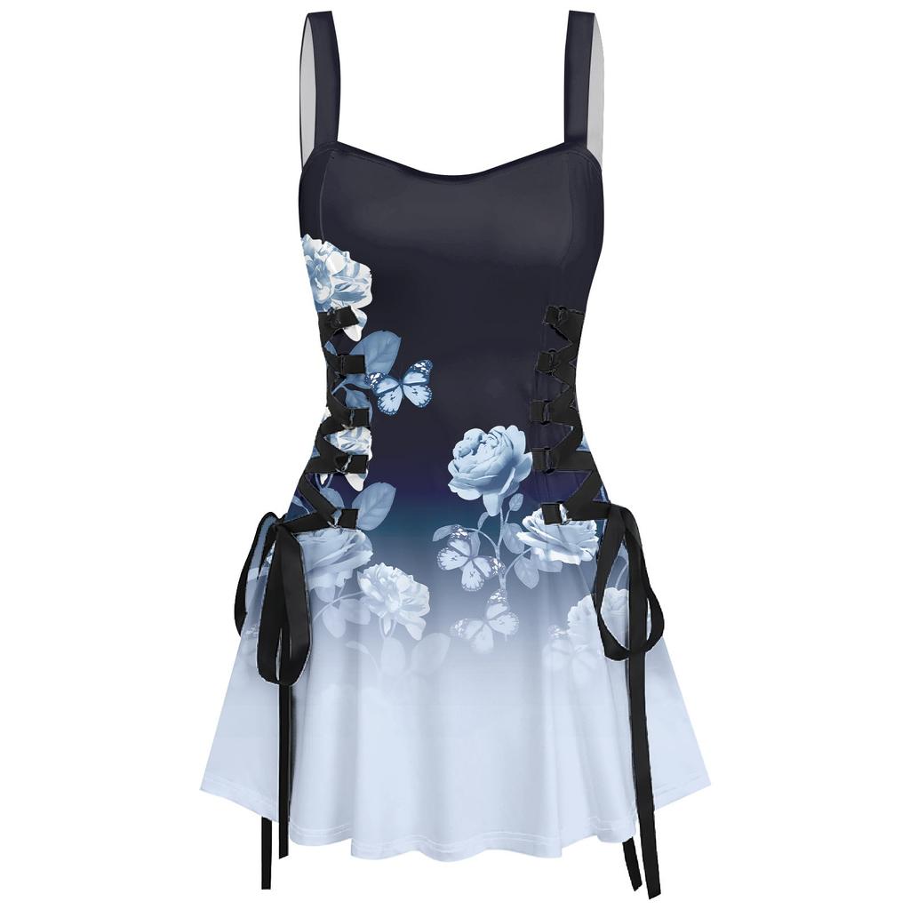 Женское повседневное модное обычное печатное сексуальное короткое платье на бретелях в стиле ретро, юбка в стиле ретро