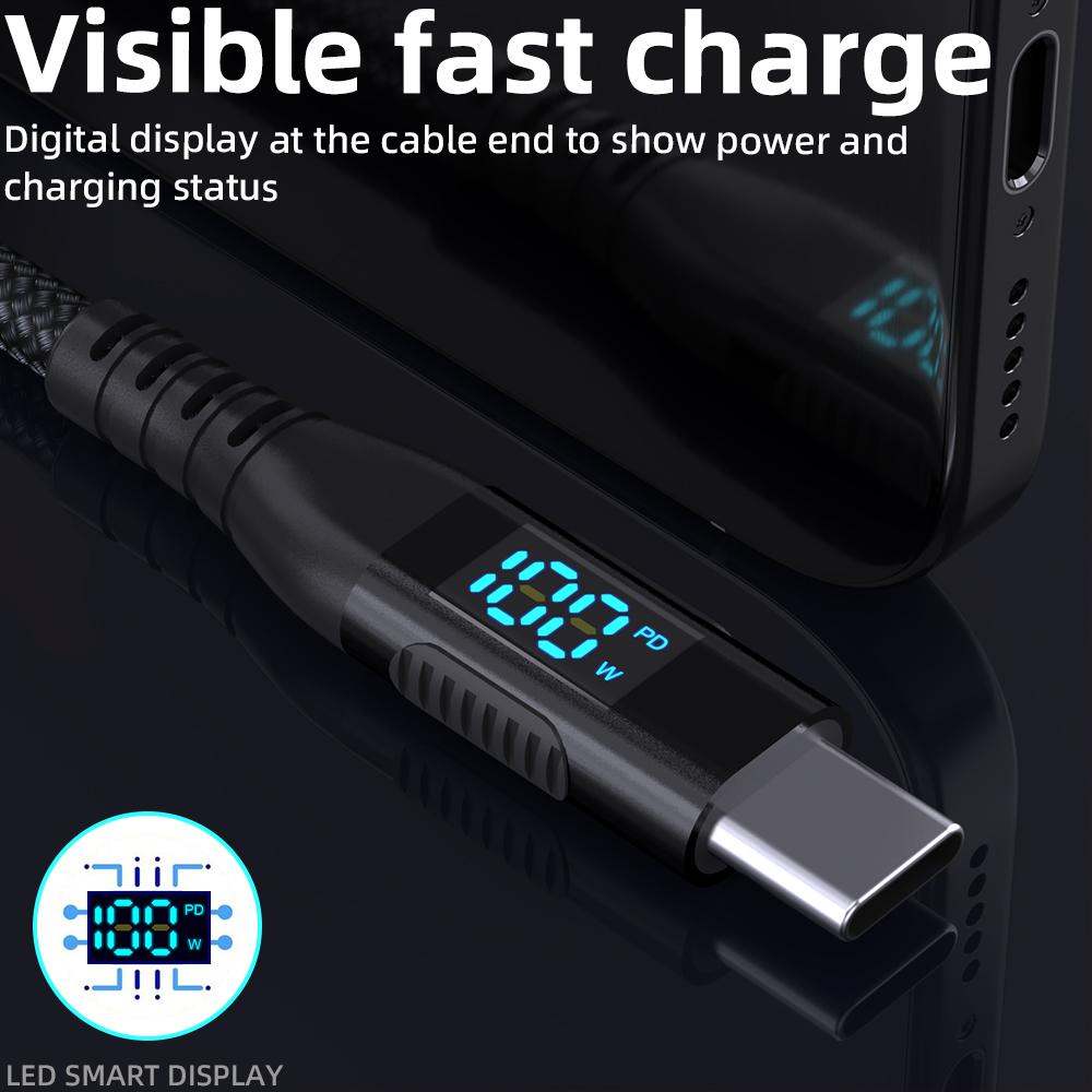 1m USB-C to USB-C Cable 100W 5A/20V Nylon Braided Phone Tablet Fast Charging Digital Display Cord