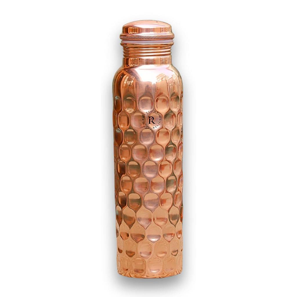 Pure Copper Water Bottle - 1L Hand Made | Diamond Design With Leak-Proof Lid | Ayurvedic Copper For Health Benefits