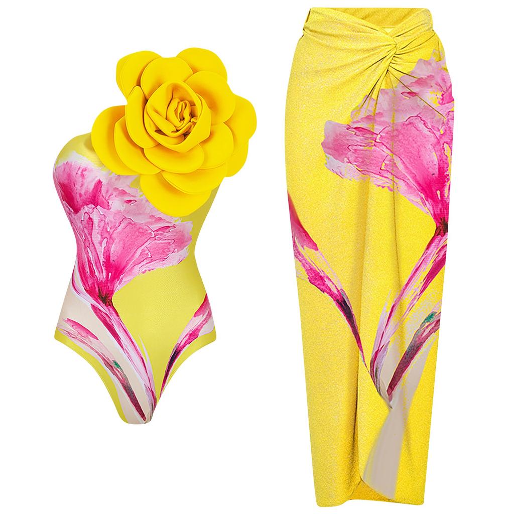 Женский сексуальный приталенный комплект из двух частей с купальником с принтом и длинной юбкой