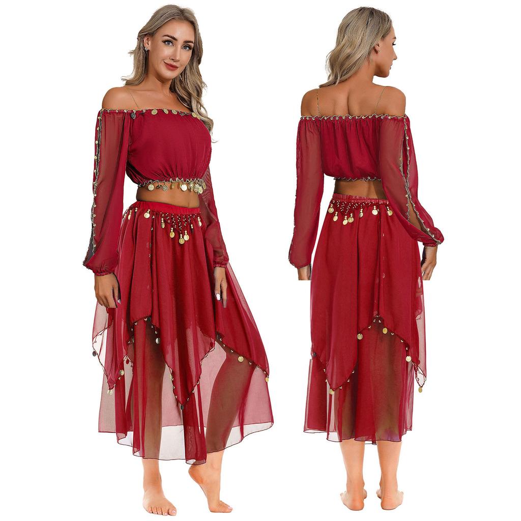 Женский костюм для танца живота с блестящими пайетками, укороченный топ с длинными рукавами-фонариками и шифоновая юбка