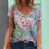 Women V-Neck T-Shirts Flower Print Casual Summer Pullover Loose Short Sleeves Oversized Tee Shirt Female Fashion Clothing S-4xl