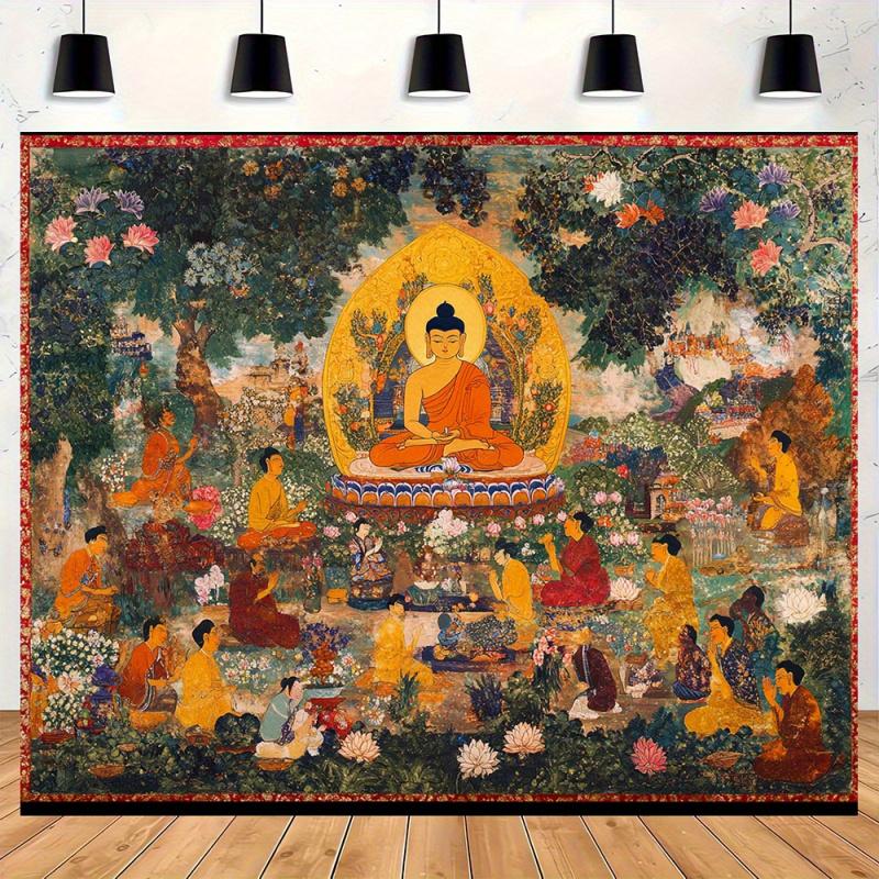 VIKAMA Buddhas Preaching Thangka Tapestry Lotus Garden Scene Wall Hanging For Prayer Room Tea Room Living Room Decor Cultural