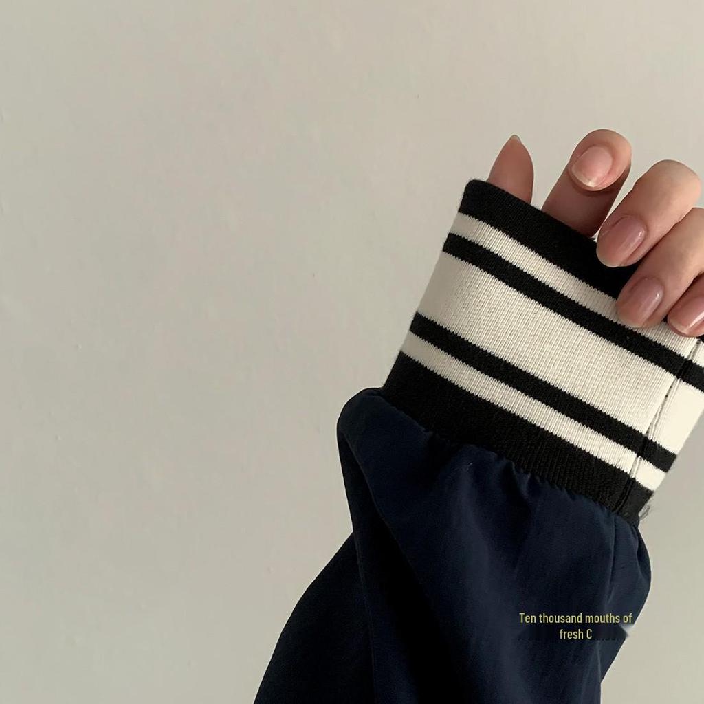 Темно-синий свитшот для бейсбольной девушки с V-образным вырезом и цветными блоками - Повседневный свободный крой, Тонкий с длинным рукавом