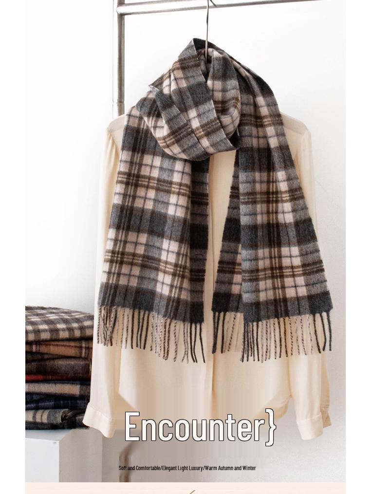 Women's 100% Wool Plaid Scarf - Korean Style, Autumn/Winter 2025, Long Tassel Shawl, Cold-Proof and Warm