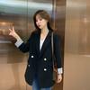 Маленький блейзер для женщин в корейском стиле, свободный, студенческий, весна-осень, новый стиль, полосатые манжеты, повседневный черный костюм средней длины
