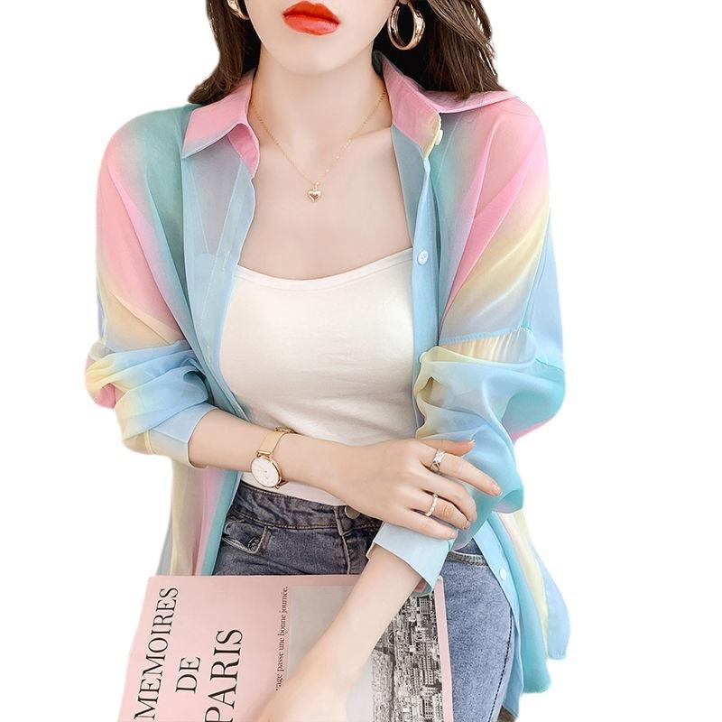 Радужная повседневная тонкая женская одежда с воротником-поло, шифоновая однобортная женская одежда с открытой строчкой, весна-лето, молодежная одежда больших размеров