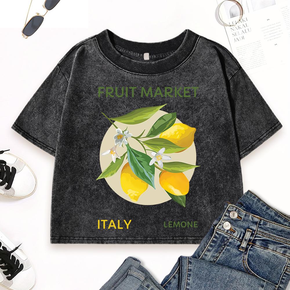 Fruit Market Italy Lemon  Print Washed Crop T-Shirt Women Crewneck Slim T Shirts Y2K Top Cotton Female Short Sleeve