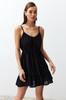 Women Fashion Beach Strap Sleeve Mini Black Mini Woven Cut Out Window Linen Blended Beach Dress