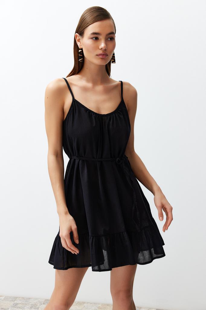 Women Fashion Beach Strap Sleeve Mini Black Mini Woven Cut Out Window Linen Blended Beach Dress