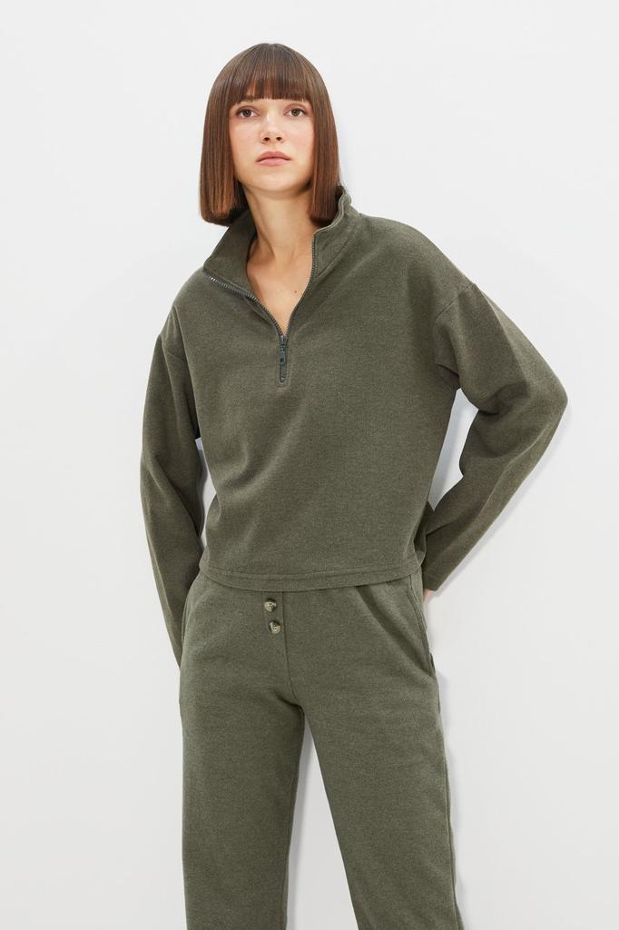 Women's Fashionable Stylish Sweatshirt Black Thessaloniki Knitwear Look Zipper Collar Regular Normal Fit Knitted Sweatshirt