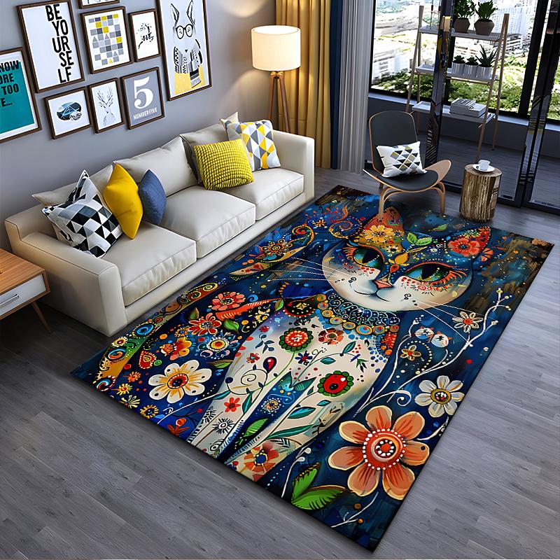 Colorful Floral Cat Design Rug, Artistic Style Non-slip rug suitable for living room and bedroom sofas