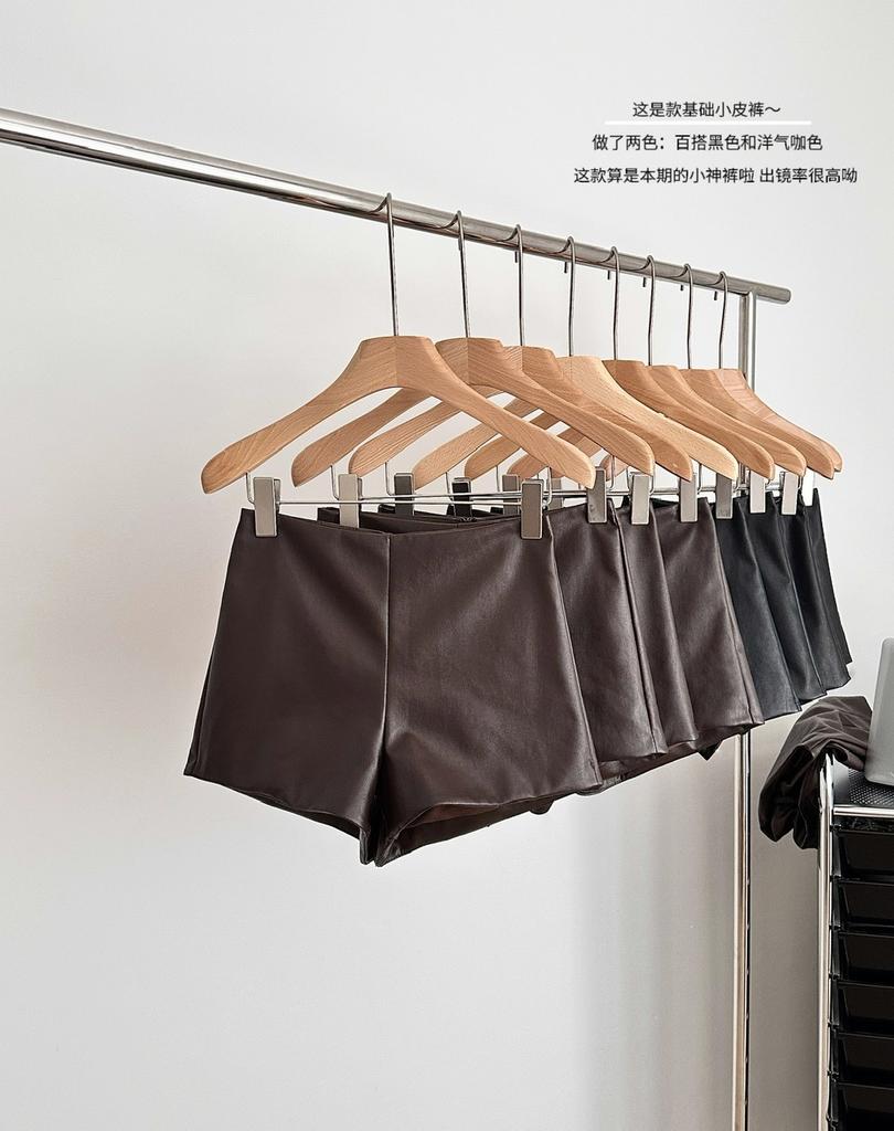 Pu Leather Bag Hip Shorts Women's Autumn And Winter Slim High Waist Slim Sexy Hot Girl Black Outer Boots Pants Straight Leather Pants