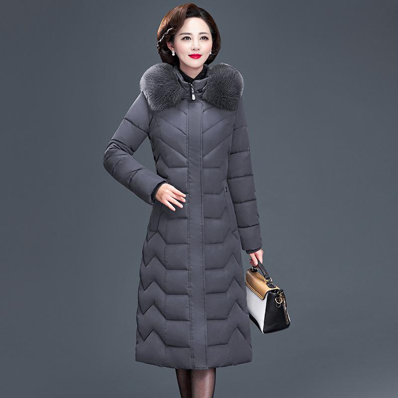 Women's Hooded Faux Fur Collar Chevron Quilted Long Puffer Coat Single Breasted Side Slit Winter Warm Outerwear
