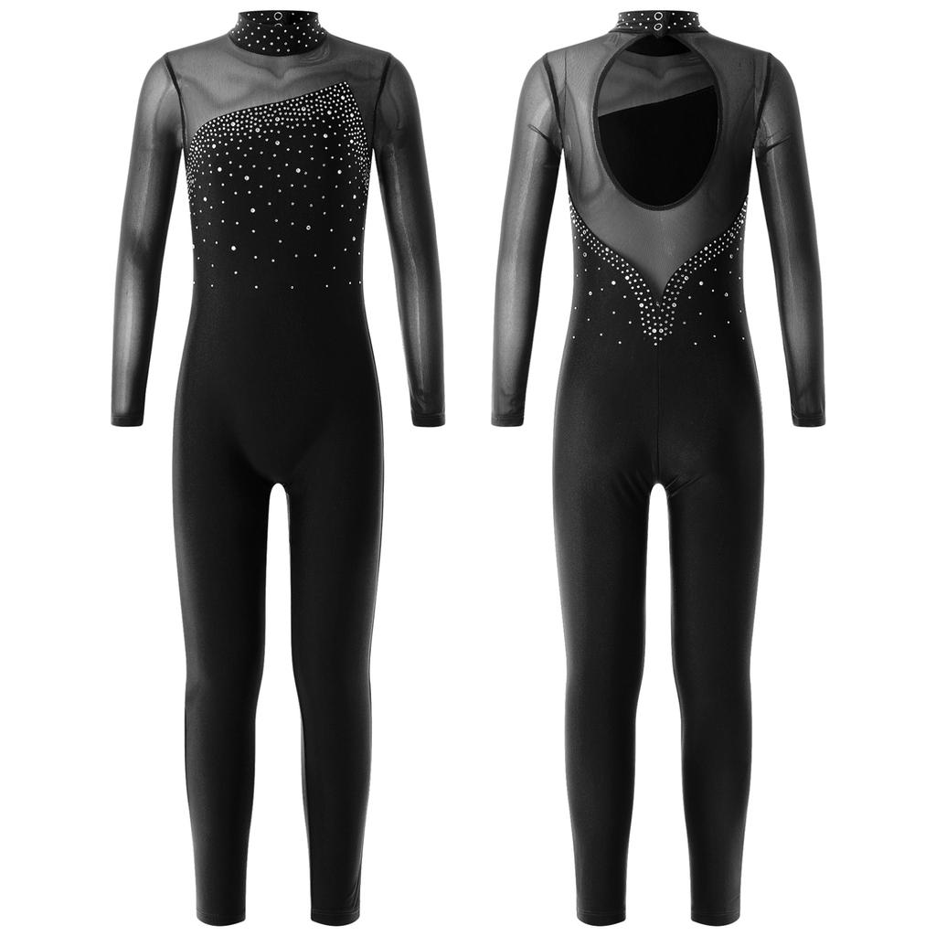 Kids Girls Long Sleeve Shiny Rhinestone Hollow Back Skating Leotard One Piece Gymnastic Jumpsuit