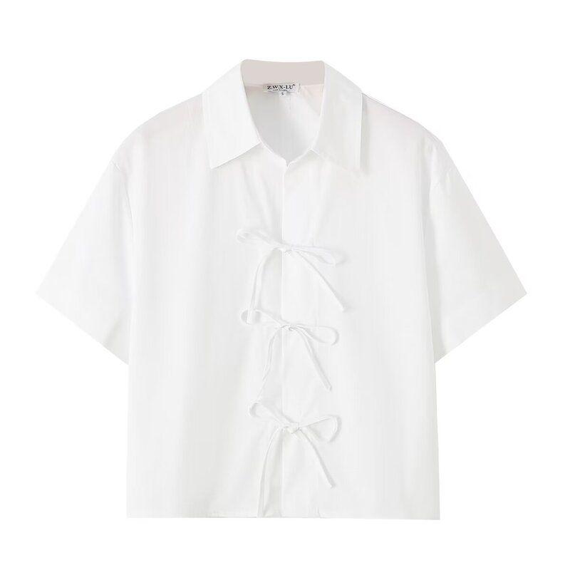 Fashion Style 2024 Autumn New Women's Cotton White Short Sleeve Lapel French Shirt 8181002