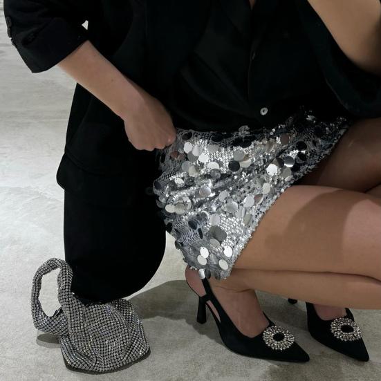 Women Mini Skirt High Waist Sparkling Sequin A-Line Short Skirt Hip Wrapped