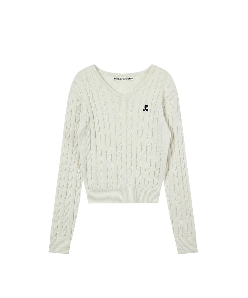 REST&RECREATION Cable V-Neck Knit Top - Ivory