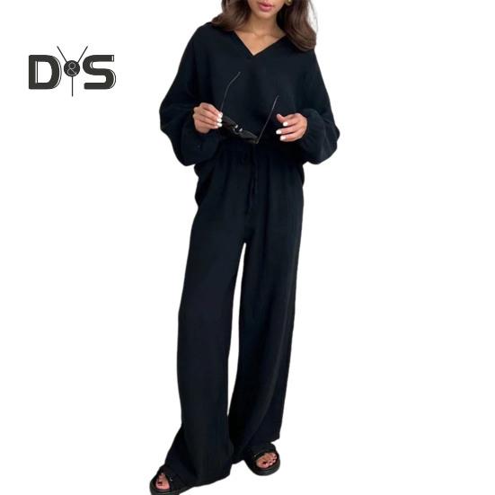 Женский повседневный комплект из двух предметов, свободный повседневный топ с длинными рукавами и штаны на шнуровке, женский наряд для отдыха с отложным воротником