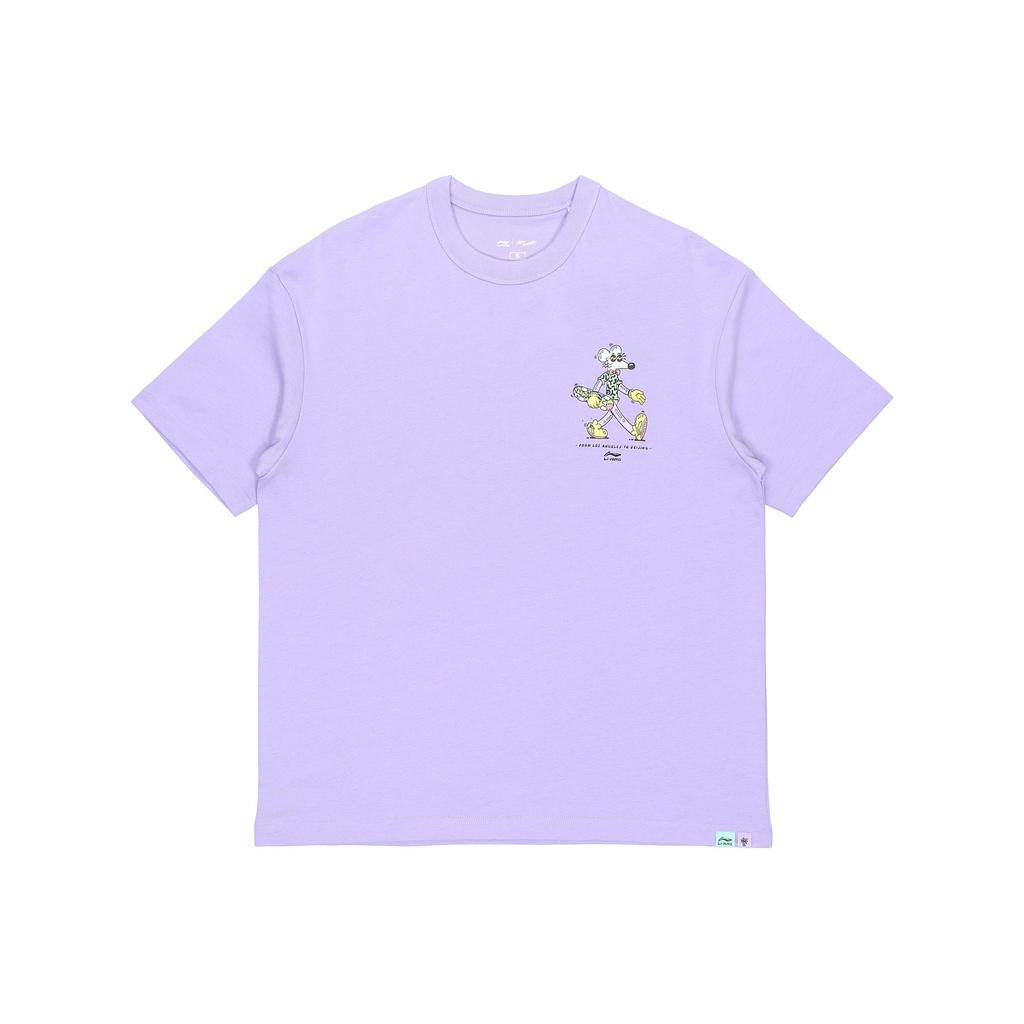 Футболка свободного кроя с круглым вырезом Li Ning X Steven Harrington Collaboration Cartoon Print, мужские топы, фиолетового цвета AHSR937-4