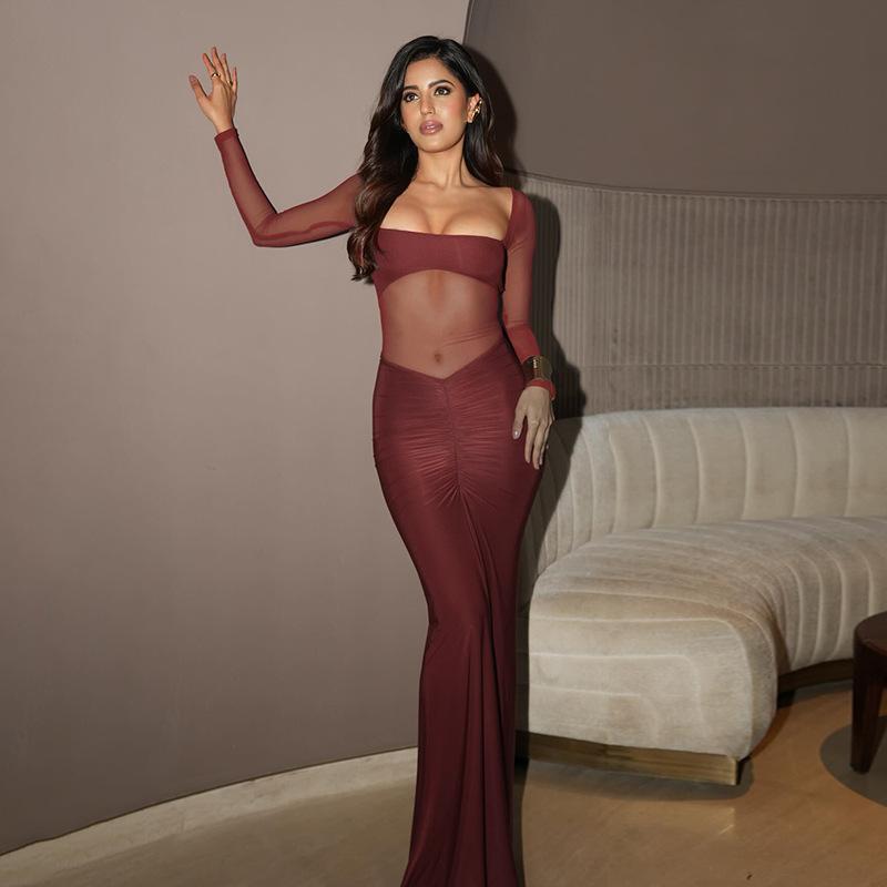 Квадратный вырез сексуальное прозрачное платье из газовой ткани с длинным рукавом женское осеннее платье длинное платье