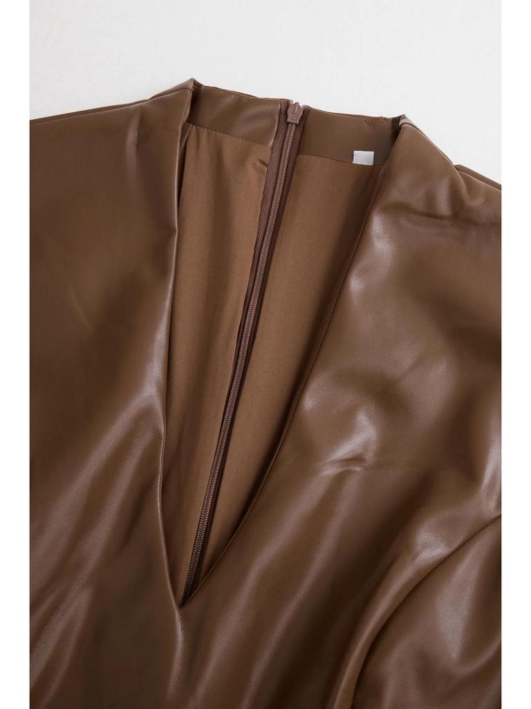 2026 European Fashion V-Neck Slim Leather Bodycon Dress with Long Sleeves