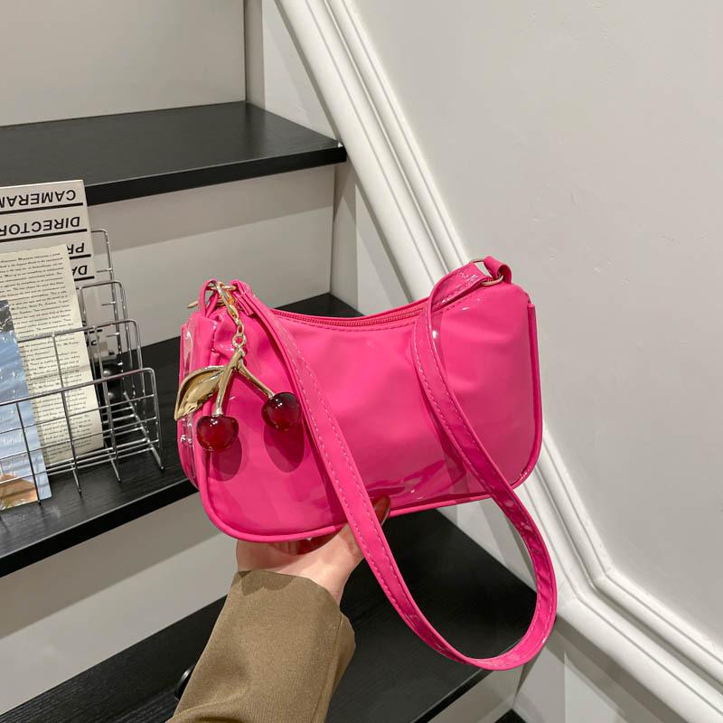 Women'S Pu Leather Handbag Versatile Fashion Solid Color Cherry Pendant Shoulder Bag Casual Commuting Bag Girl Underarm Bag