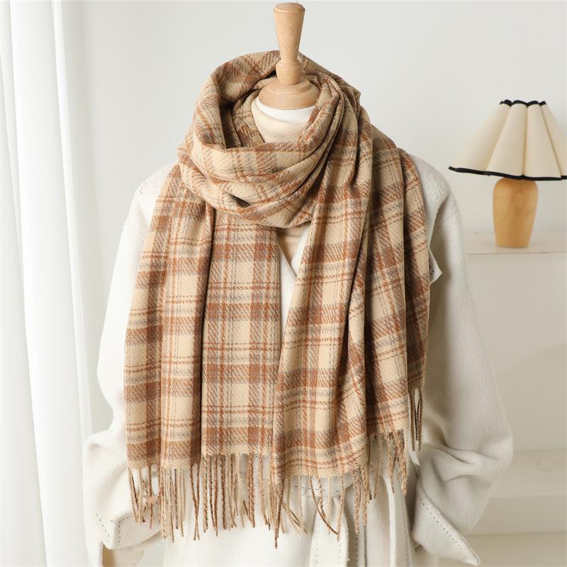 Luxury Brand Winter Women Plaid Cashmere Scarf Warm Neckerchief Pashmina Foulard Blanket Casual Lattice Tassel Scarves Muffler