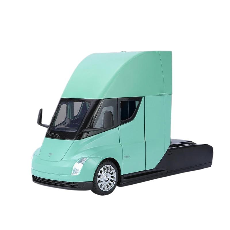 1/24 Tesla Semi Trailer Truck Alloy Diecast Car Model with Sound and Light Pull Back Truck Vehicle Model Boy Collection Gift