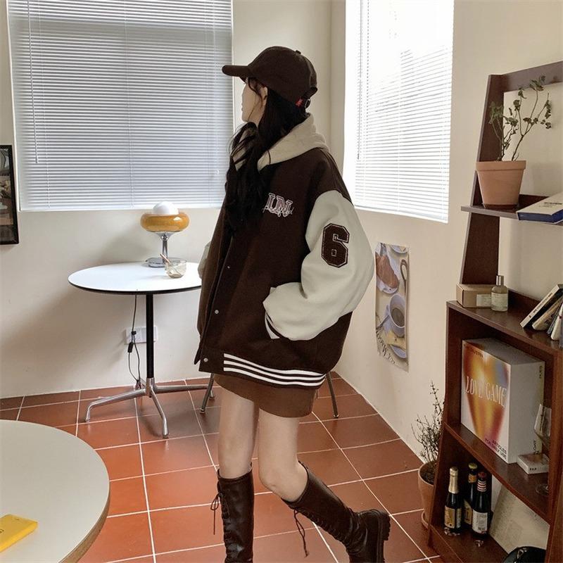 Danmo Letter Printed Baseball Jacket Womens Fall Jackets Bomber Jacket Women Coats Fleece