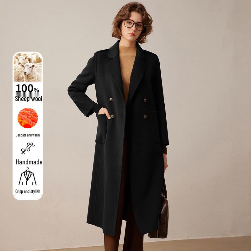 Bailuyu Women's 100% Merino Wool Double-Breasted Longline Coat