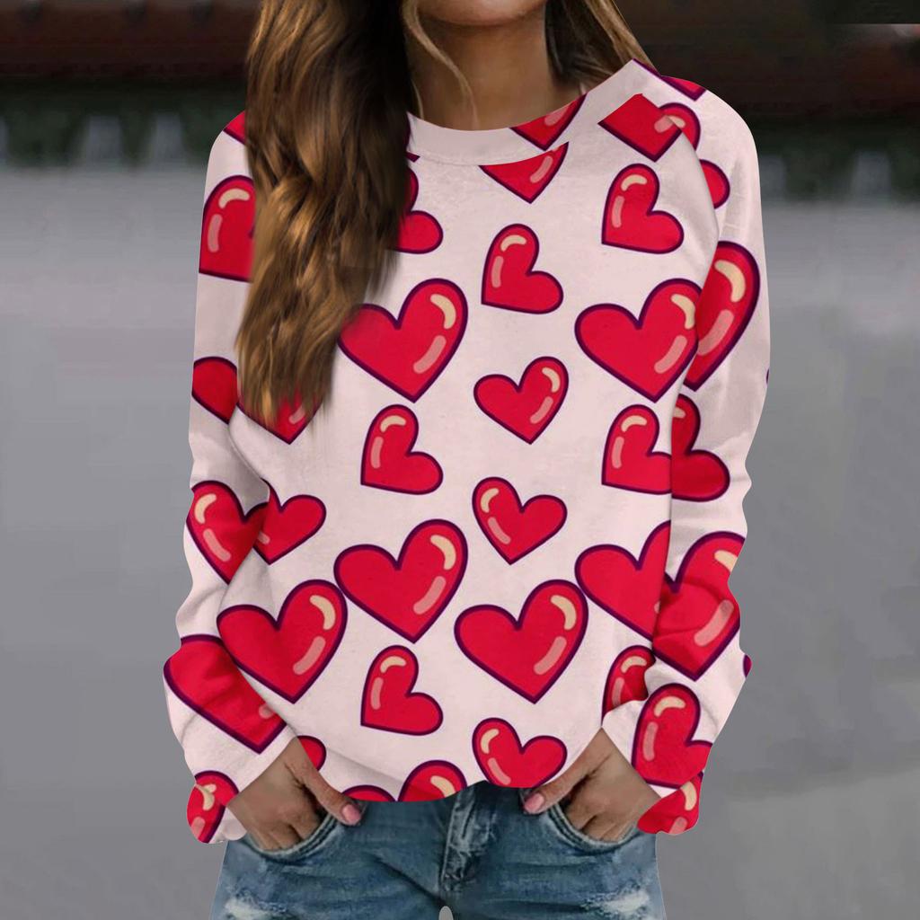 Женская модная повседневная толстовка с длинным рукавом и принтом на День святого Валентина и круглым вырезом