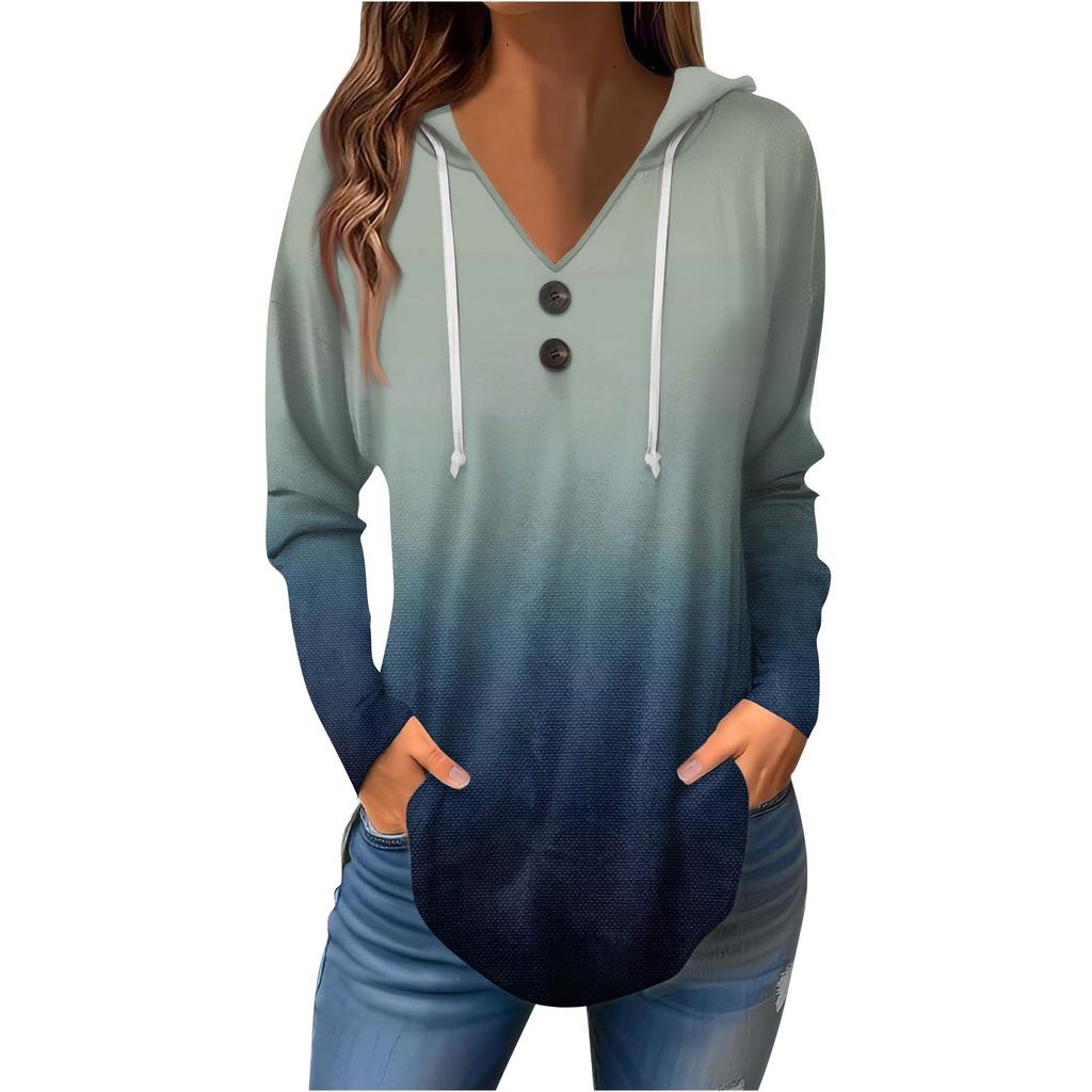 Женские повседневные модные однотонные толстовки с капюшоном на пуговицах и длинными рукавами с V-образным вырезом