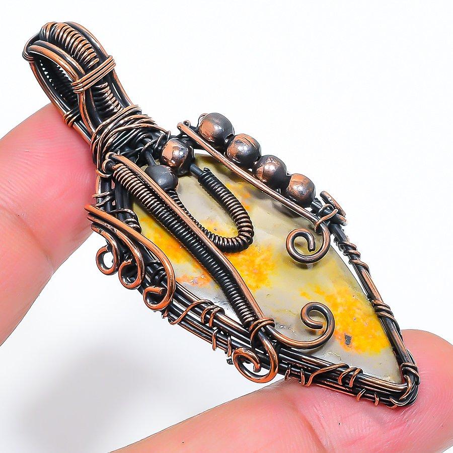 Natural Bumblebee Jasper Gemstone Copper Wire Wrap Gift Pendant 2.68" R3w25