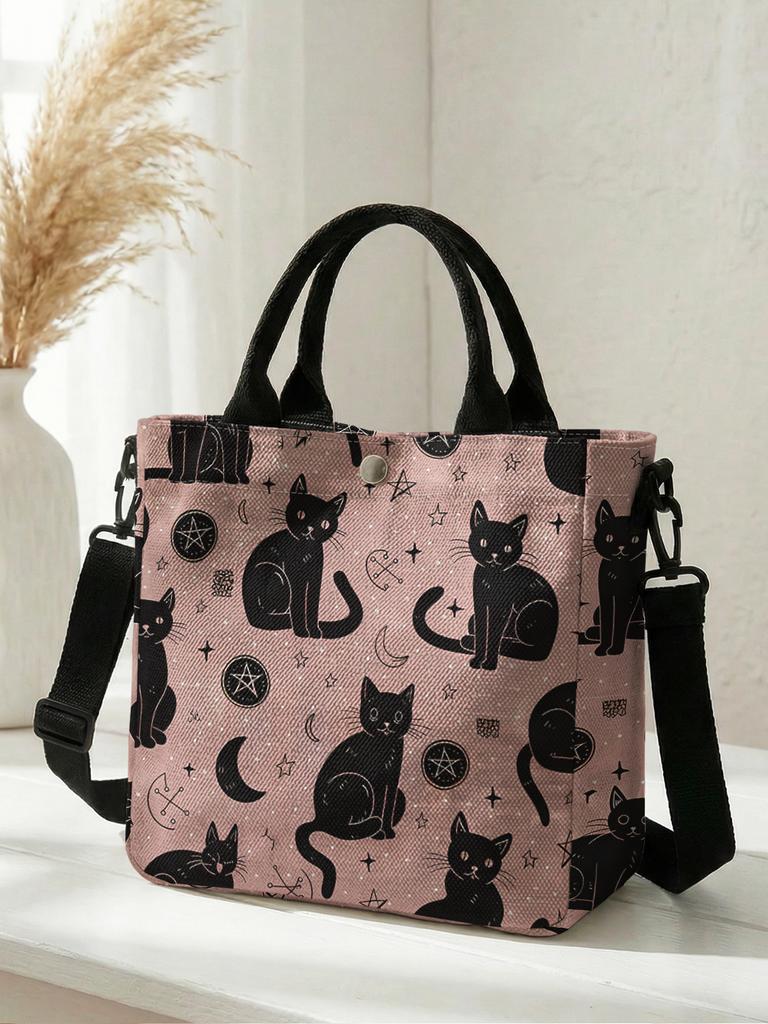 Witchy Black Cat Moon Star Print Pink Canvas Tote Bag Detachable Strap Crossbody Handbag For Women Daily Shopping