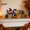 Halloween Fireplace Mantel Decor Happy Wooden Sign Ornaments with Pumpkin Ghost And Bat Elements for Decorative Party Props Tiered Tray Table