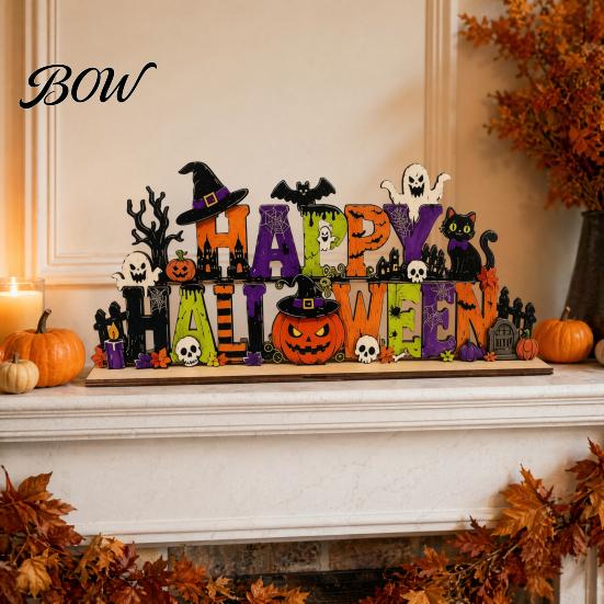 Halloween Fireplace Mantel Decor Happy Wooden Sign Ornaments with Pumpkin Ghost And Bat Elements for Decorative Party Props Tiered Tray Table