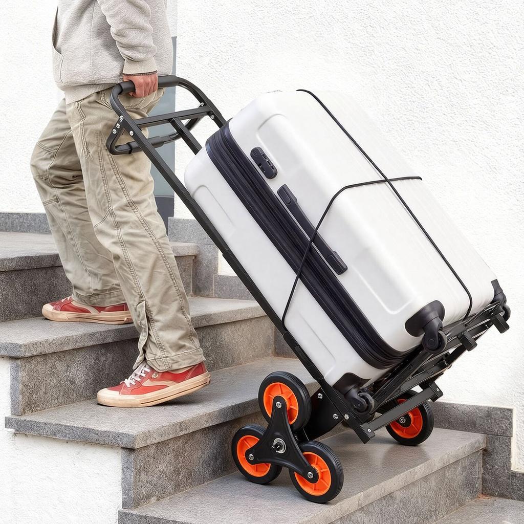 Stair Climbing Cart, 100 kg Stair-Climbing Capacity, Heavy-Duty Folding Trolley Cart with Telescoping Handle, 6 Wheels and 2 Bungee Cords, Stair