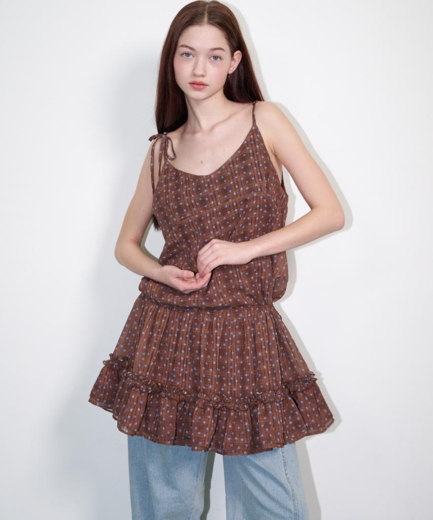 Opening Sunshine Frill Shirred Dot Mini Dress Brown