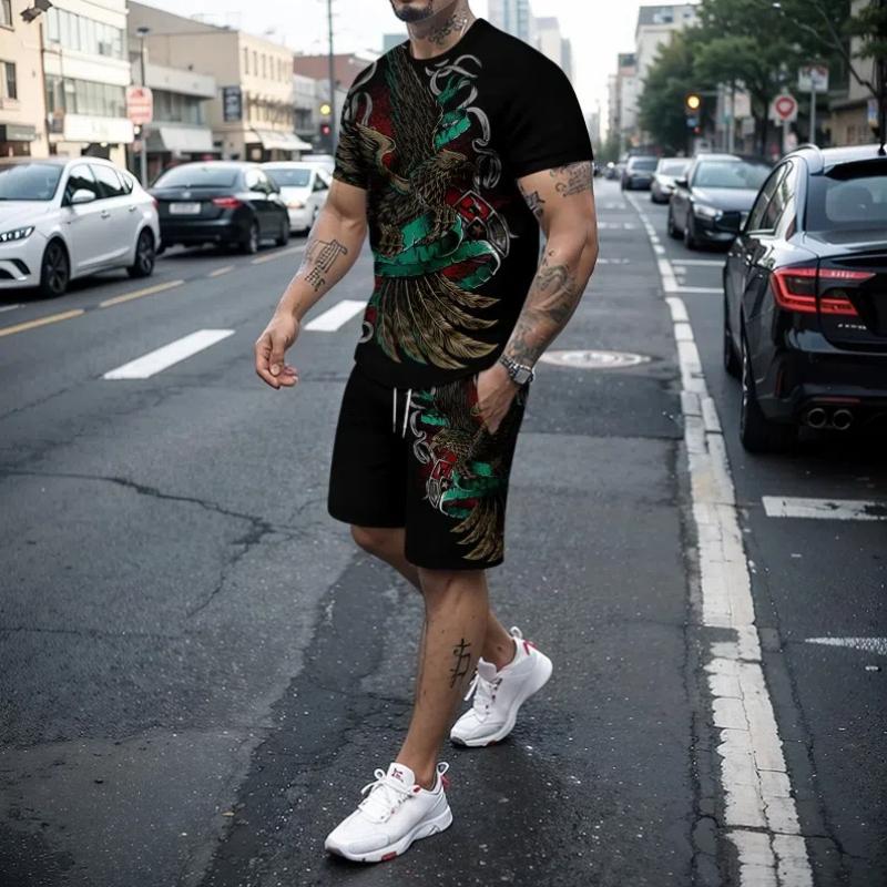 Summer 3d Tiger Lion Print Men's Round Neck Short Sleeved T-Shirt Shorts Set 2-Piece High-Quality Casual Street Sports Set