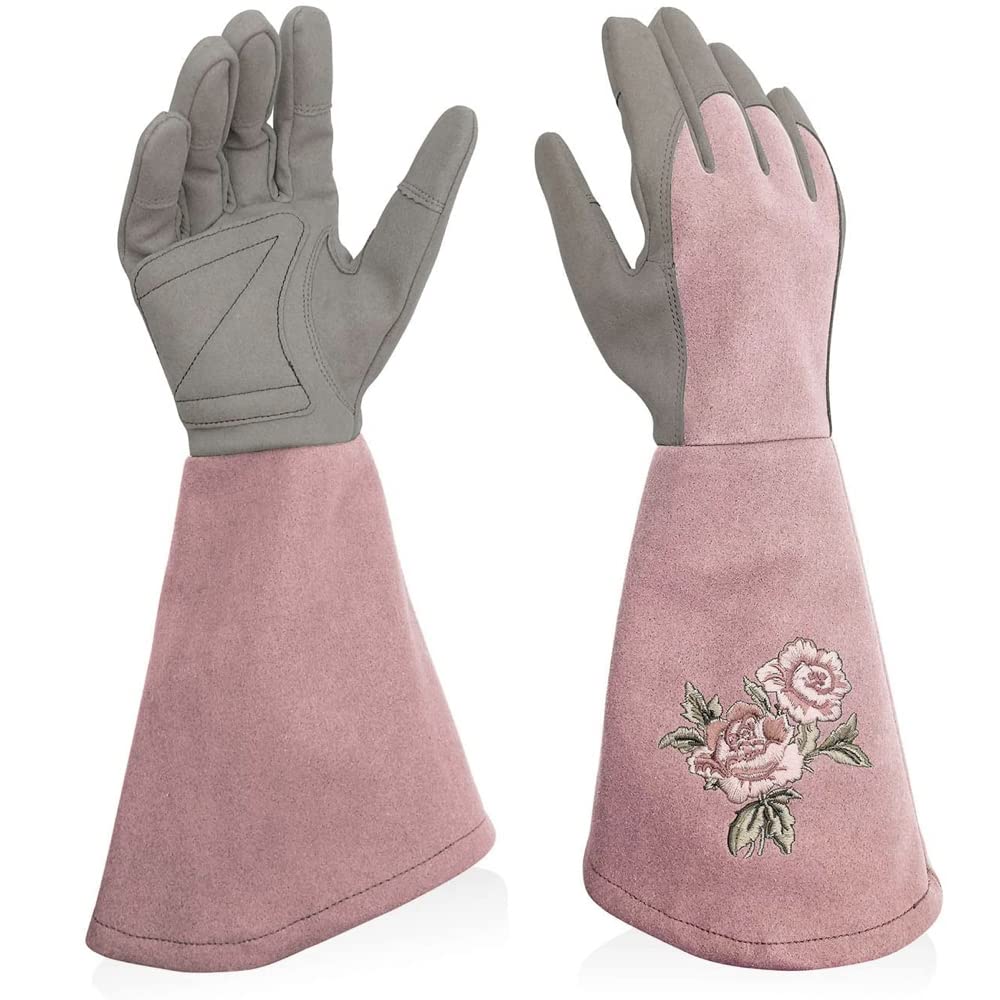 Ailunate Garden Gloves, Rose Pattern, Long, Thorn-Resistant Leather Gardening Gloves, Stylish Women's (Size L, Light Purple)