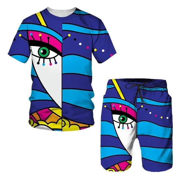 Мужской спортивный комплект, состоящий из 2 предметов, пляжный повседневный спортивный костюм с короткими рукавами и принтом, футболки с абстрактным узором, шорты с эластичной резинкой на талии, брюки, комплекты спортивных костюмов