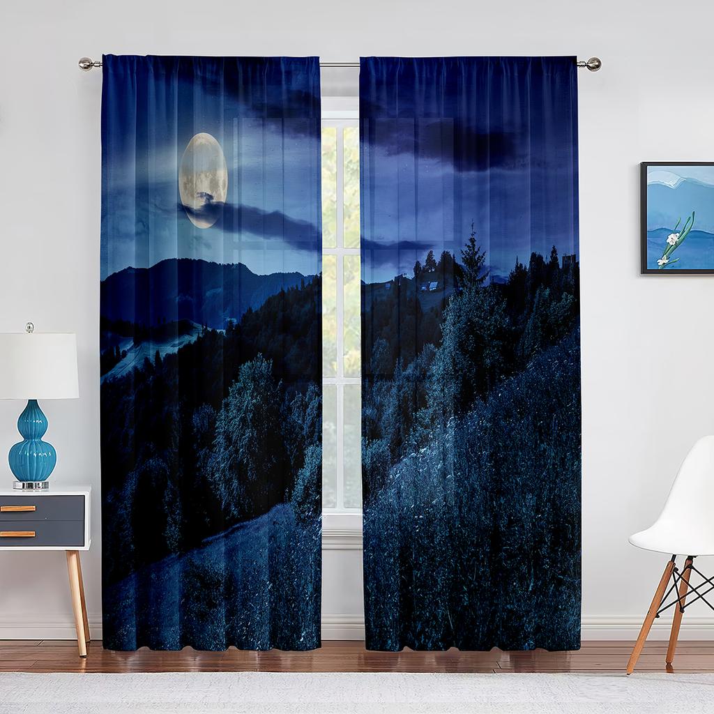 Ночное небо, луна, звезды и лес, озеро, прозрачные вуалевые шторы для спальни, гостиной, кухни, тюлевые шторы, шифоновые оконные шторы