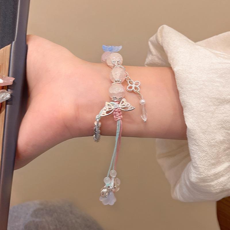 Браслет с подвесками «Розовый лотос и бабочка» с цветущей вишней — этнический стиль, легкие роскошные украшения из бисера для женщин