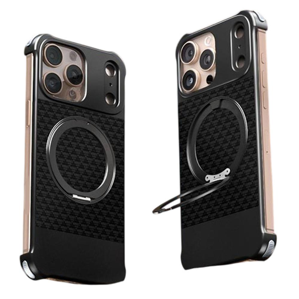 For iPhone 15 Pro Max Magnetic Case Borderless Textured PU+Metal Kickstand Phone Cover