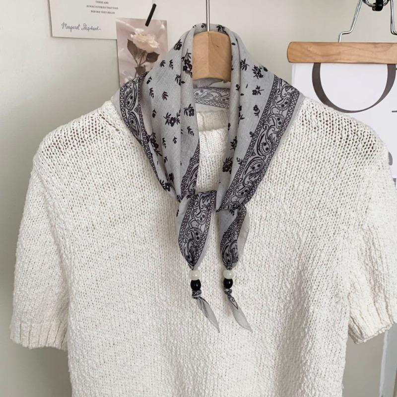 Silk Scarf New Literary Scarf Shawl Cashew Flower Headband Versatile Multi-purpose Pearl Triangle Scarf Waist Tie