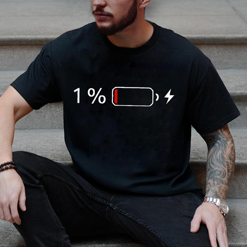 Unisex Crew Neck Low Battery One Percent Print Short Sleeve Cotton Tee Casual Summer Streetwear Loose Basic Daily Outdoor Wear Top